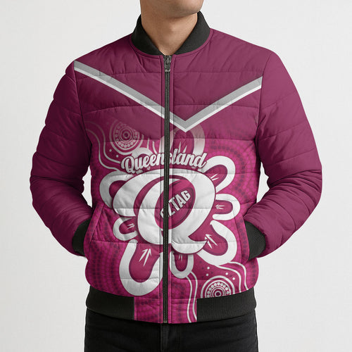Queensland Oztag Custom Bomber Puffer Jacket QLD Indigenous Art