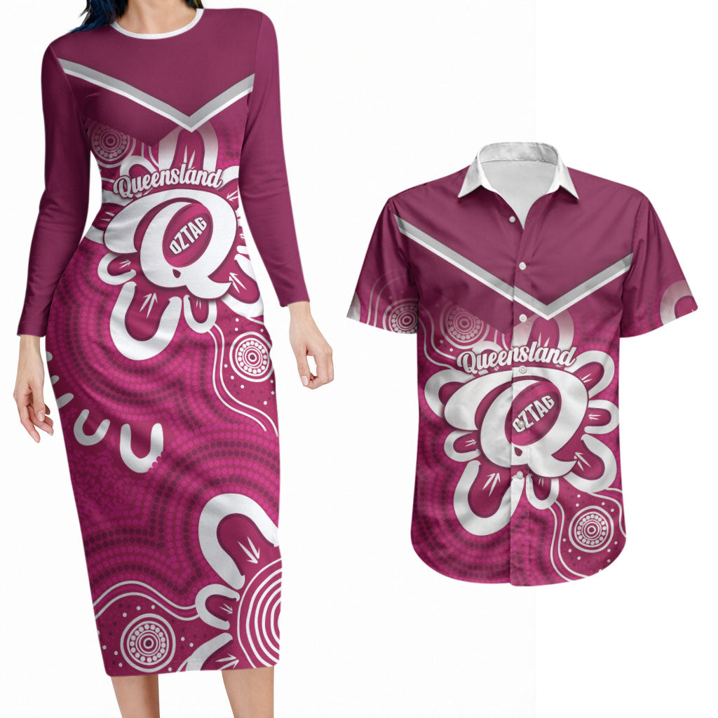Queensland Oztag Custom Couples Matching Long Sleeve Bodycon Dress and Hawaiian Shirt QLD Indigenous Art