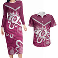 Queensland Oztag Custom Couples Matching Long Sleeve Bodycon Dress and Hawaiian Shirt QLD Indigenous Art
