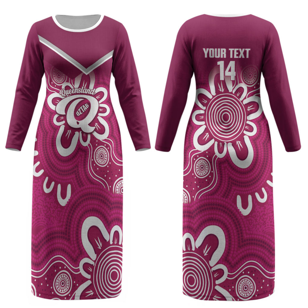 Queensland Oztag Custom Couples Matching Long Sleeve Bodycon Dress and Hawaiian Shirt QLD Indigenous Art