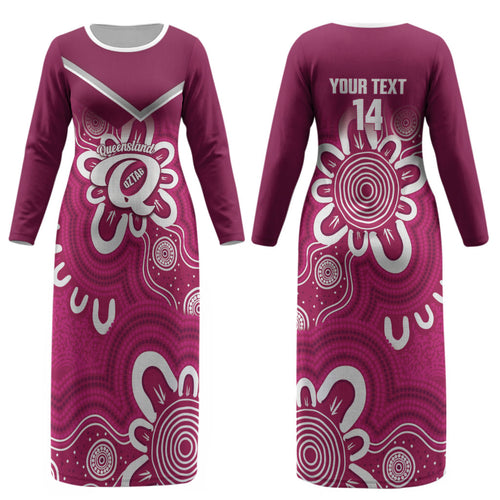 Queensland Oztag Custom Couples Matching Long Sleeve Bodycon Dress and Hawaiian Shirt QLD Indigenous Art