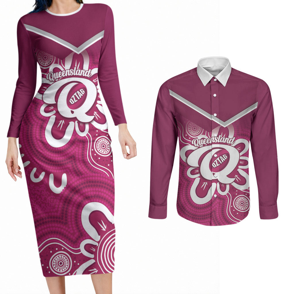 Queensland Oztag Custom Couples Matching Long Sleeve Bodycon Dress and Long Sleeve Button Shirt QLD Indigenous Art
