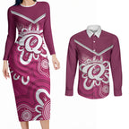 Queensland Oztag Custom Couples Matching Long Sleeve Bodycon Dress and Long Sleeve Button Shirt QLD Indigenous Art