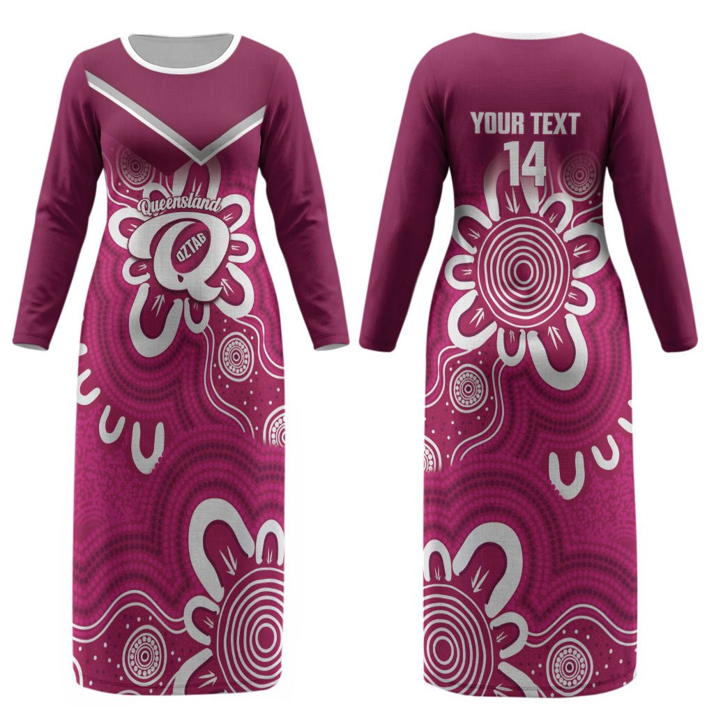 Queensland Oztag Custom Couples Matching Long Sleeve Bodycon Dress and Long Sleeve Button Shirt QLD Indigenous Art