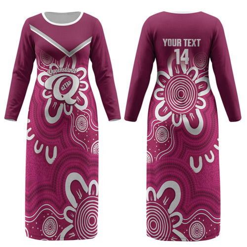 Queensland Oztag Custom Couples Matching Long Sleeve Bodycon Dress and Long Sleeve Button Shirt QLD Indigenous Art