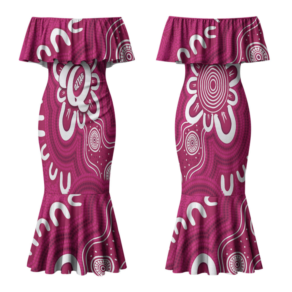 Queensland Oztag Custom Couples Matching Mermaid Dress and Hawaiian Shirt QLD Indigenous Art