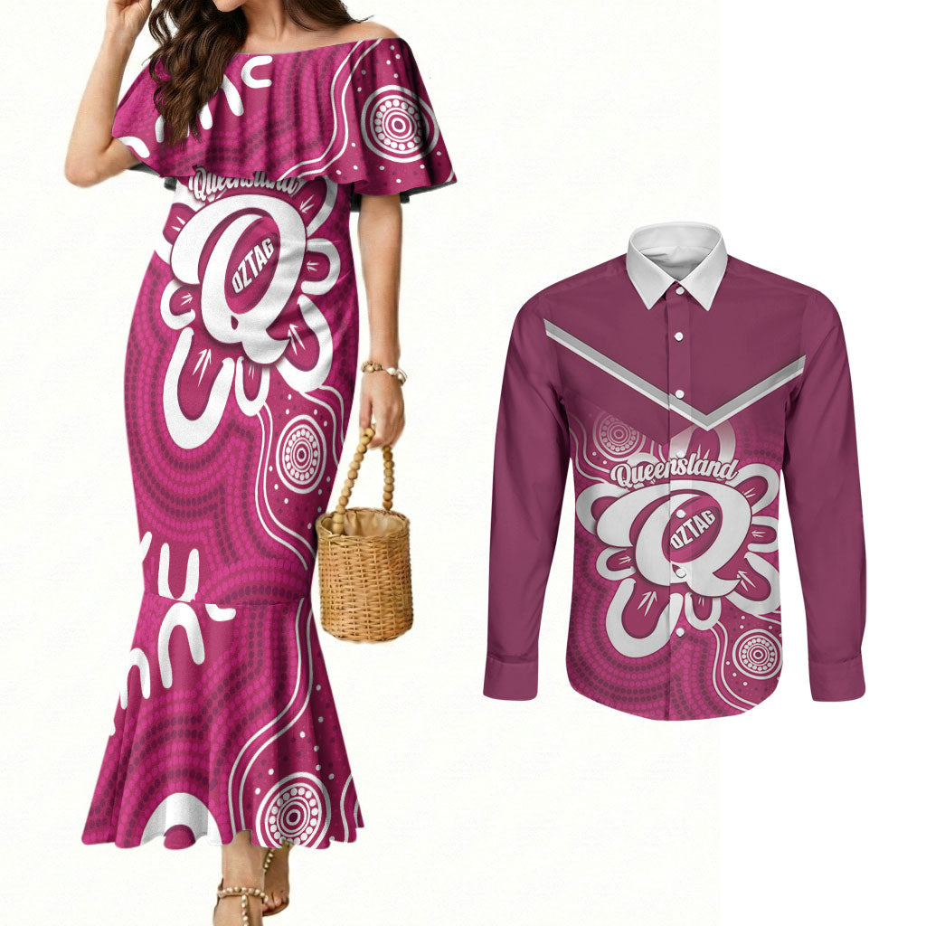 Queensland Oztag Custom Couples Matching Mermaid Dress and Long Sleeve Button Shirt QLD Indigenous Art
