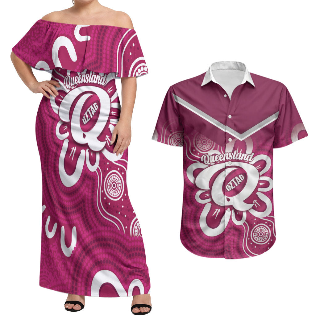 Queensland Oztag Custom Couples Matching Off Shoulder Maxi Dress and Hawaiian Shirt QLD Indigenous Art