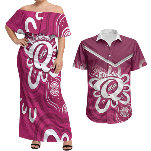 Queensland Oztag Custom Couples Matching Off Shoulder Maxi Dress and Hawaiian Shirt QLD Indigenous Art