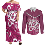 Queensland Oztag Custom Couples Matching Off Shoulder Maxi Dress and Long Sleeve Button Shirt QLD Indigenous Art