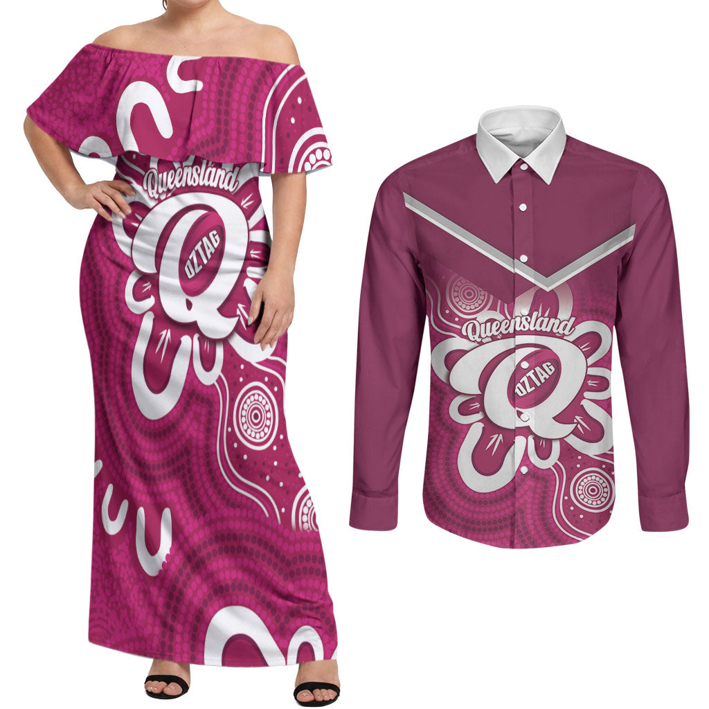 Queensland Oztag Custom Couples Matching Off Shoulder Maxi Dress and Long Sleeve Button Shirt QLD Indigenous Art