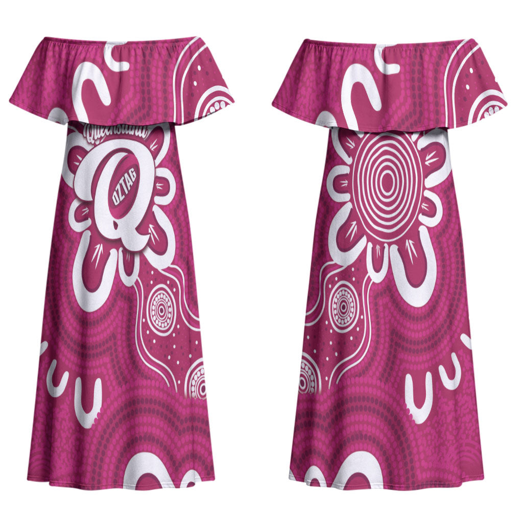 Queensland Oztag Custom Couples Matching Off Shoulder Maxi Dress and Long Sleeve Button Shirt QLD Indigenous Art