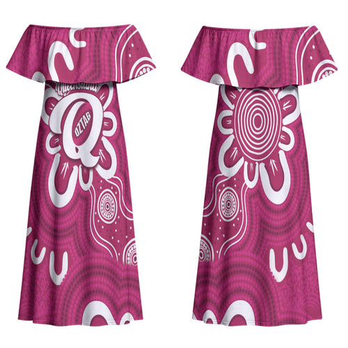 Queensland Oztag Custom Couples Matching Off Shoulder Maxi Dress and Long Sleeve Button Shirt QLD Indigenous Art