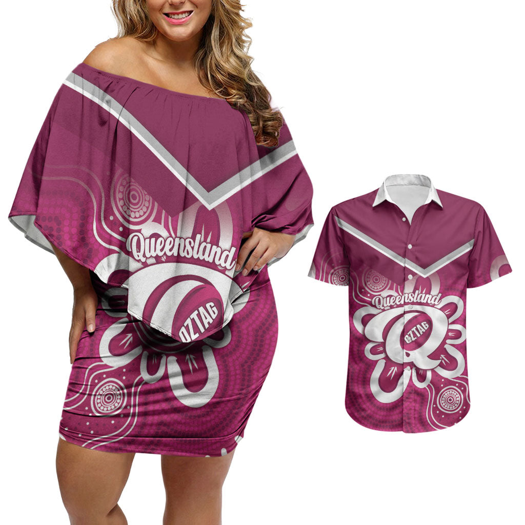 Queensland Oztag Custom Couples Matching Off Shoulder Short Dress and Hawaiian Shirt QLD Indigenous Art