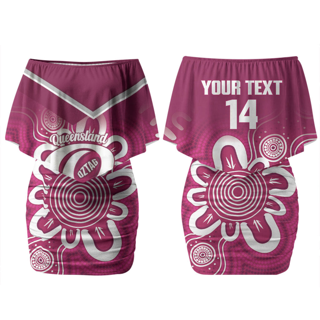 Queensland Oztag Custom Couples Matching Off Shoulder Short Dress and Hawaiian Shirt QLD Indigenous Art