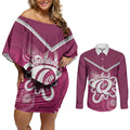 Queensland Oztag Custom Couples Matching Off Shoulder Short Dress and Long Sleeve Button Shirt QLD Indigenous Art