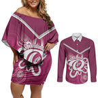 Queensland Oztag Custom Couples Matching Off Shoulder Short Dress and Long Sleeve Button Shirt QLD Indigenous Art