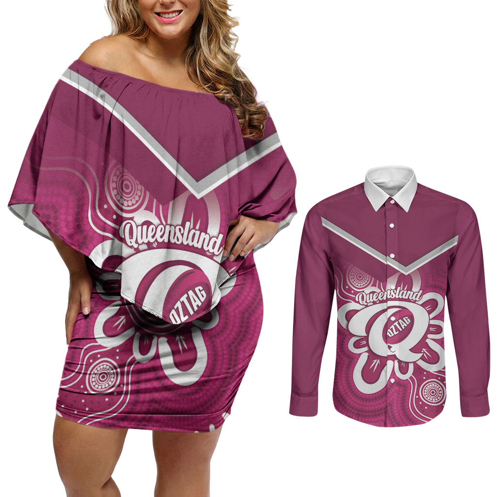 Queensland Oztag Custom Couples Matching Off Shoulder Short Dress and Long Sleeve Button Shirt QLD Indigenous Art
