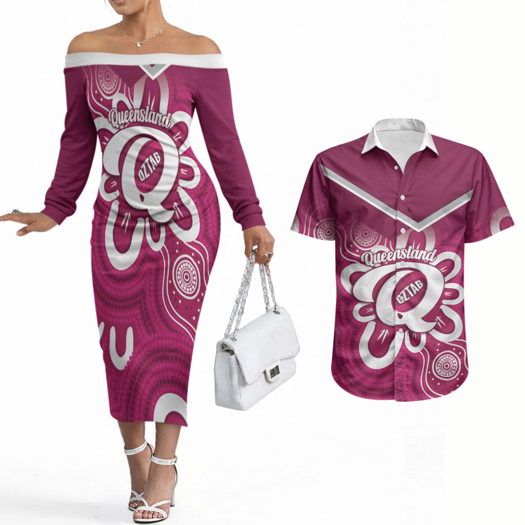 Queensland Oztag Custom Couples Matching Off The Shoulder Long Sleeve Dress and Hawaiian Shirt QLD Indigenous Art