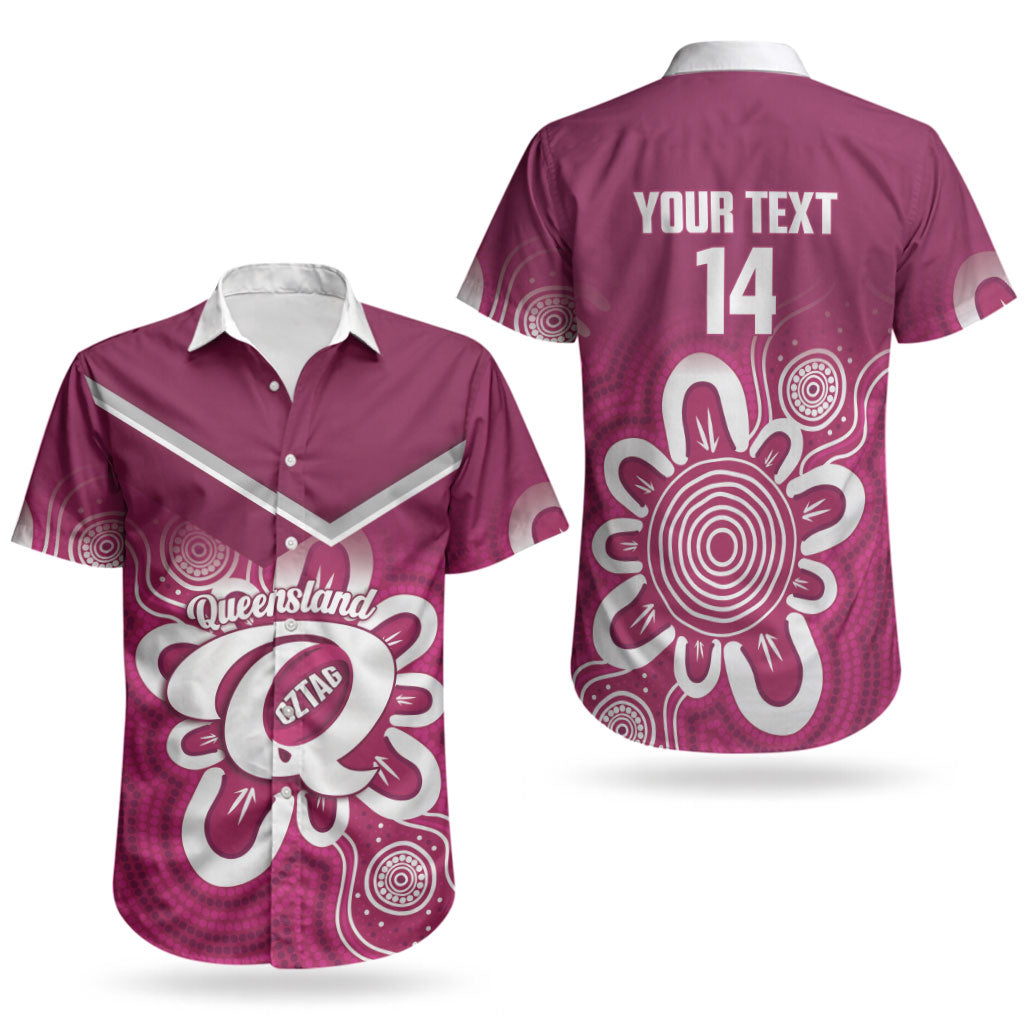 Queensland Oztag Custom Couples Matching Off The Shoulder Long Sleeve Dress and Hawaiian Shirt QLD Indigenous Art