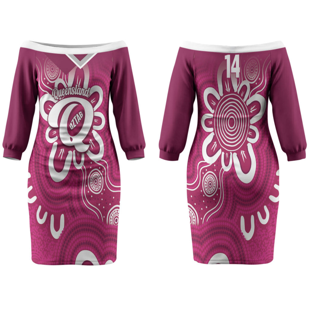 Queensland Oztag Custom Couples Matching Off The Shoulder Long Sleeve Dress and Hawaiian Shirt QLD Indigenous Art