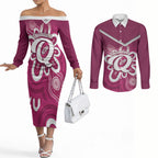 Queensland Oztag Custom Couples Matching Off The Shoulder Long Sleeve Dress and Long Sleeve Button Shirt QLD Indigenous Art
