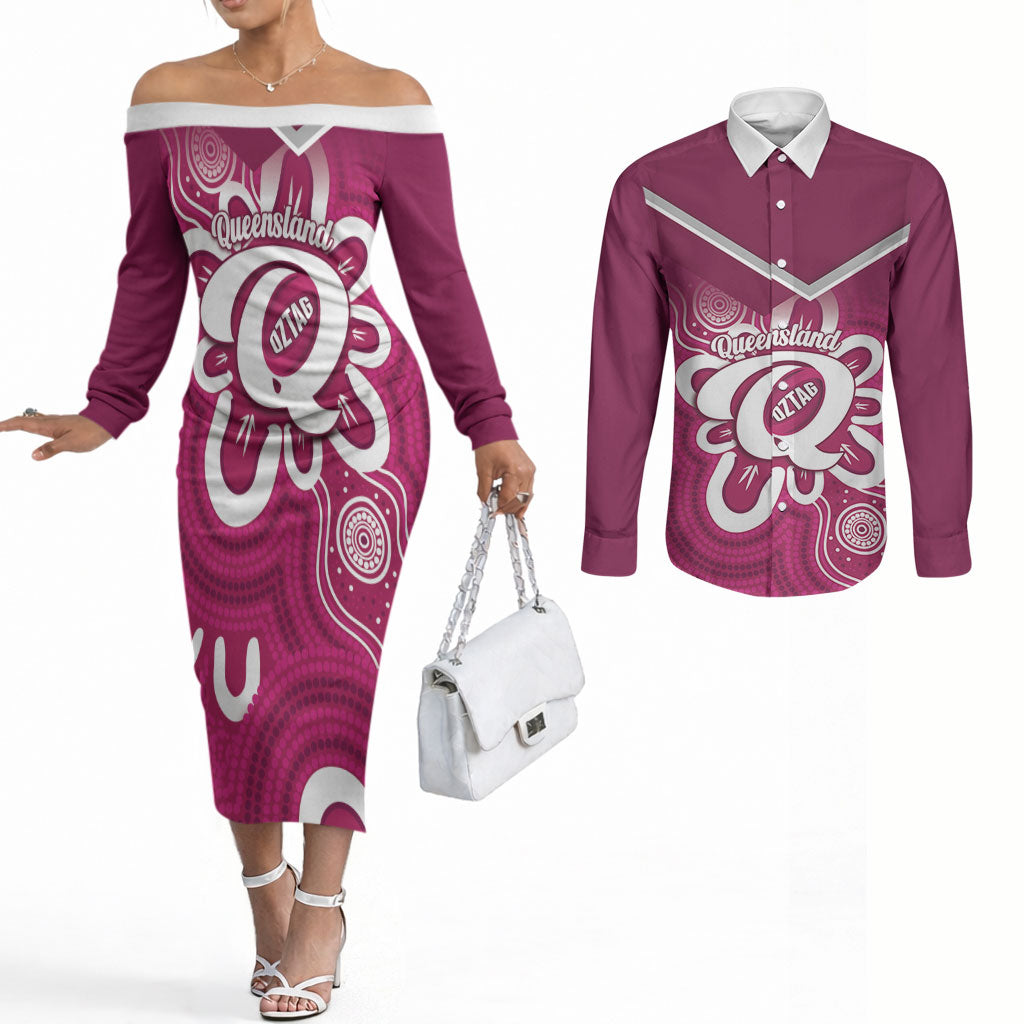 Queensland Oztag Custom Couples Matching Off The Shoulder Long Sleeve Dress and Long Sleeve Button Shirt QLD Indigenous Art