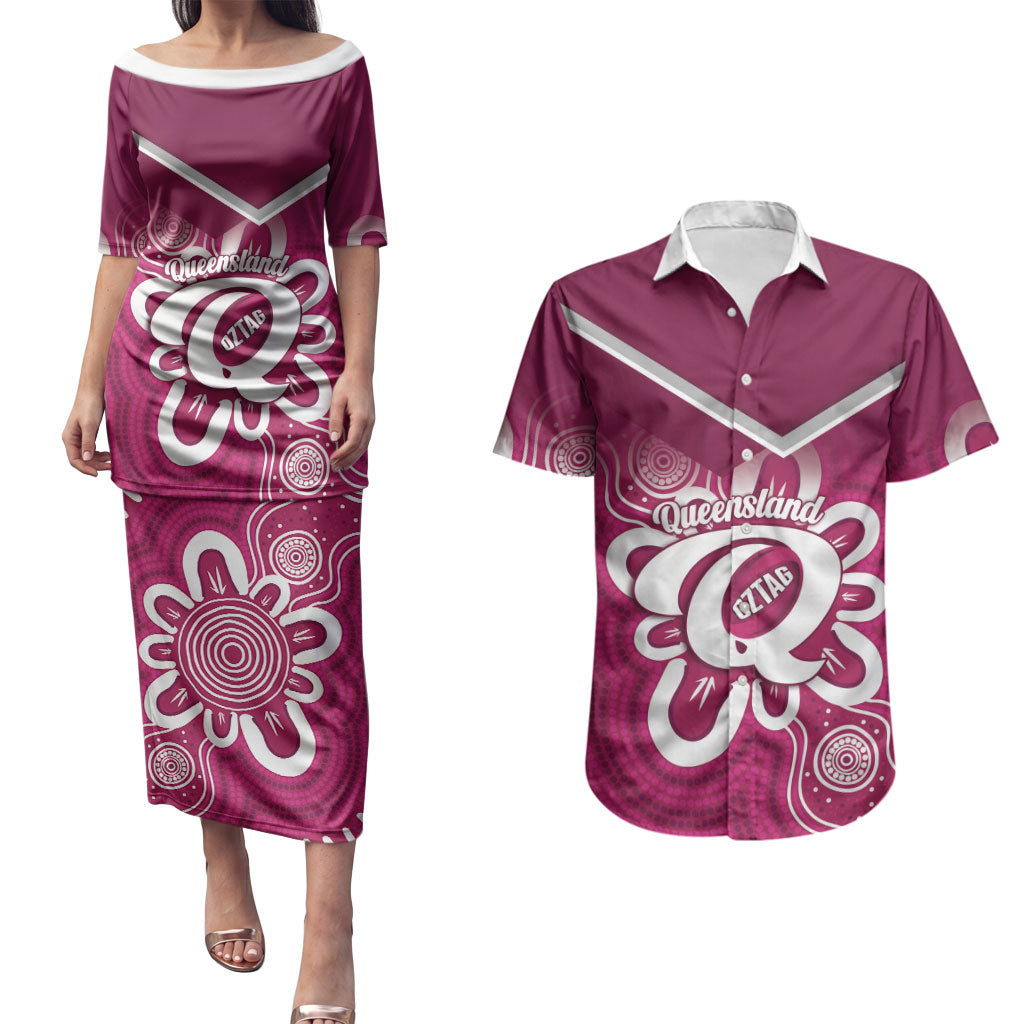 Queensland Oztag Custom Couples Matching Puletasi and Hawaiian Shirt QLD Indigenous Art