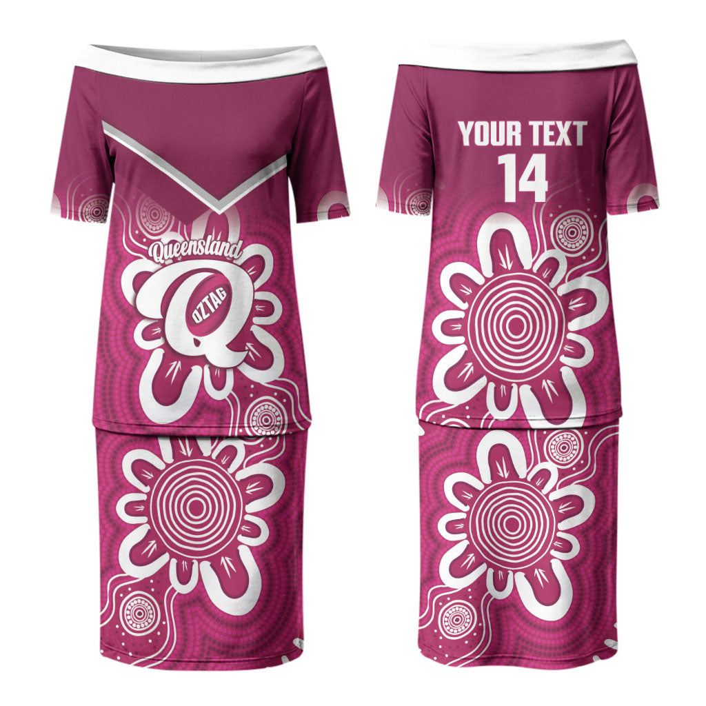 Queensland Oztag Custom Couples Matching Puletasi and Hawaiian Shirt QLD Indigenous Art