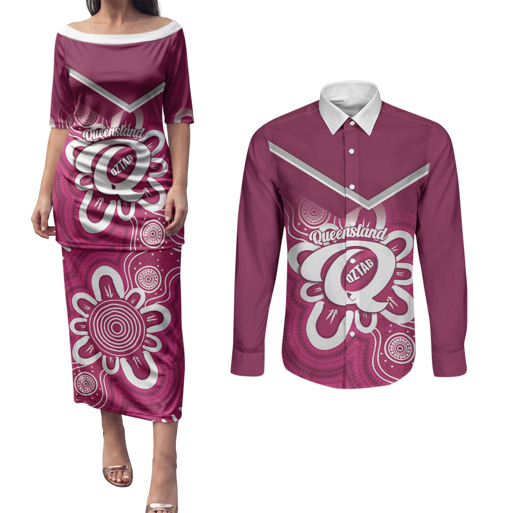 Queensland Oztag Custom Couples Matching Puletasi and Long Sleeve Button Shirt QLD Indigenous Art