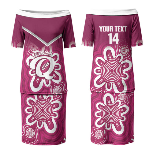 Queensland Oztag Custom Couples Matching Puletasi and Long Sleeve Button Shirt QLD Indigenous Art