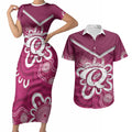 Queensland Oztag Custom Couples Matching Short Sleeve Bodycon Dress and Hawaiian Shirt QLD Indigenous Art