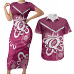 Queensland Oztag Custom Couples Matching Short Sleeve Bodycon Dress and Hawaiian Shirt QLD Indigenous Art