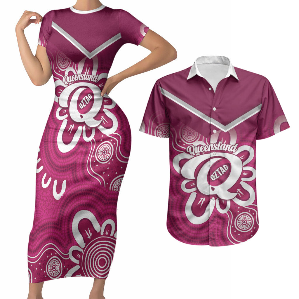 Queensland Oztag Custom Couples Matching Short Sleeve Bodycon Dress and Hawaiian Shirt QLD Indigenous Art