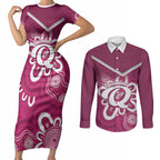 Queensland Oztag Custom Couples Matching Short Sleeve Bodycon Dress and Long Sleeve Button Shirt QLD Indigenous Art