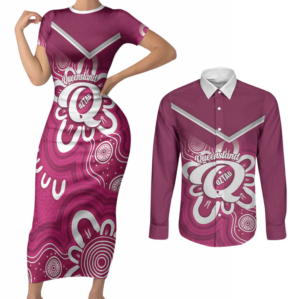 Queensland Oztag Custom Couples Matching Short Sleeve Bodycon Dress and Long Sleeve Button Shirt QLD Indigenous Art