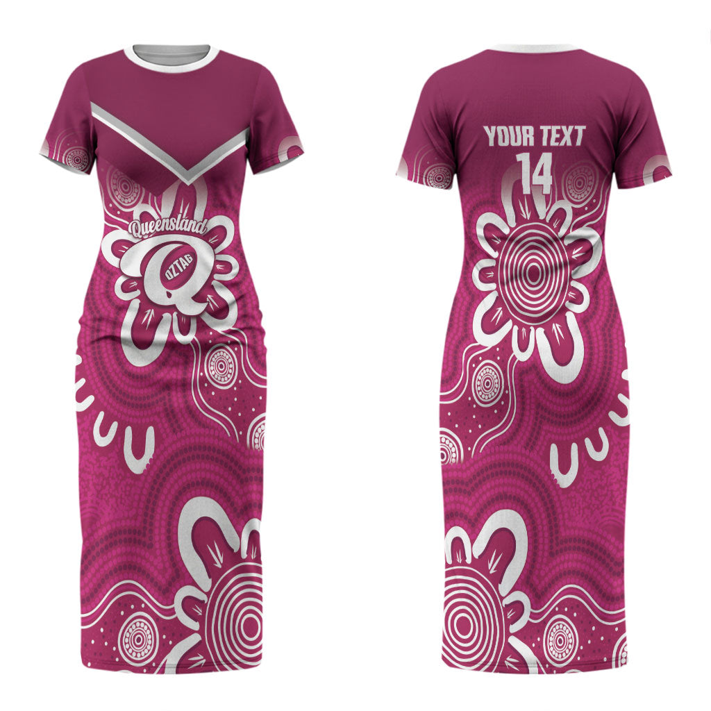 Queensland Oztag Custom Couples Matching Short Sleeve Bodycon Dress and Long Sleeve Button Shirt QLD Indigenous Art