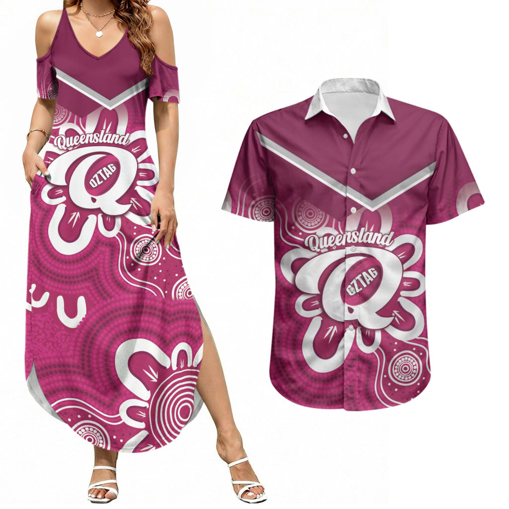 Queensland Oztag Custom Couples Matching Summer Maxi Dress and Hawaiian Shirt QLD Indigenous Art