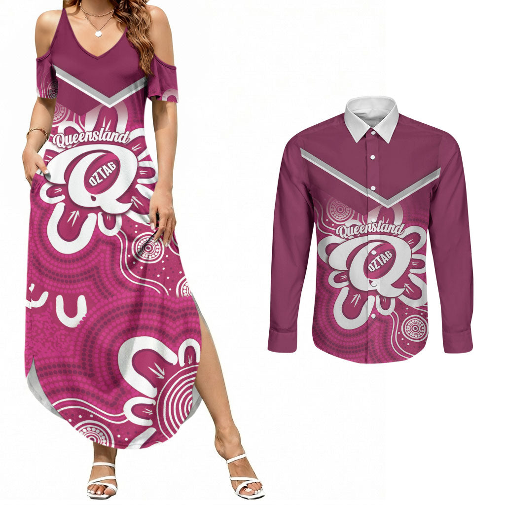Queensland Oztag Custom Couples Matching Summer Maxi Dress and Long Sleeve Button Shirt QLD Indigenous Art
