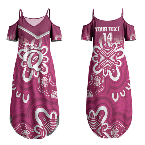 Queensland Oztag Custom Couples Matching Summer Maxi Dress and Long Sleeve Button Shirt QLD Indigenous Art