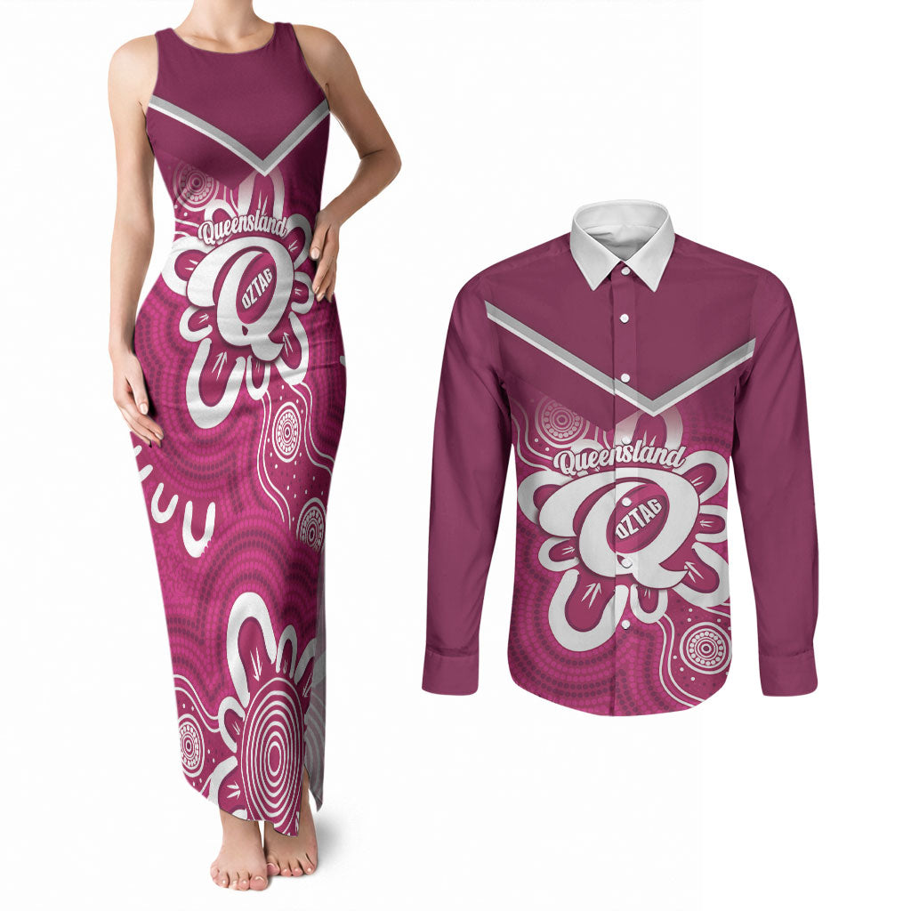 Queensland Oztag Custom Couples Matching Tank Maxi Dress and Long Sleeve Button Shirt QLD Indigenous Art