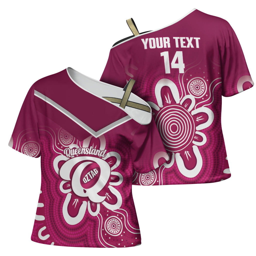 Queensland Oztag Custom Cross Shoulder Shirt QLD Indigenous Art