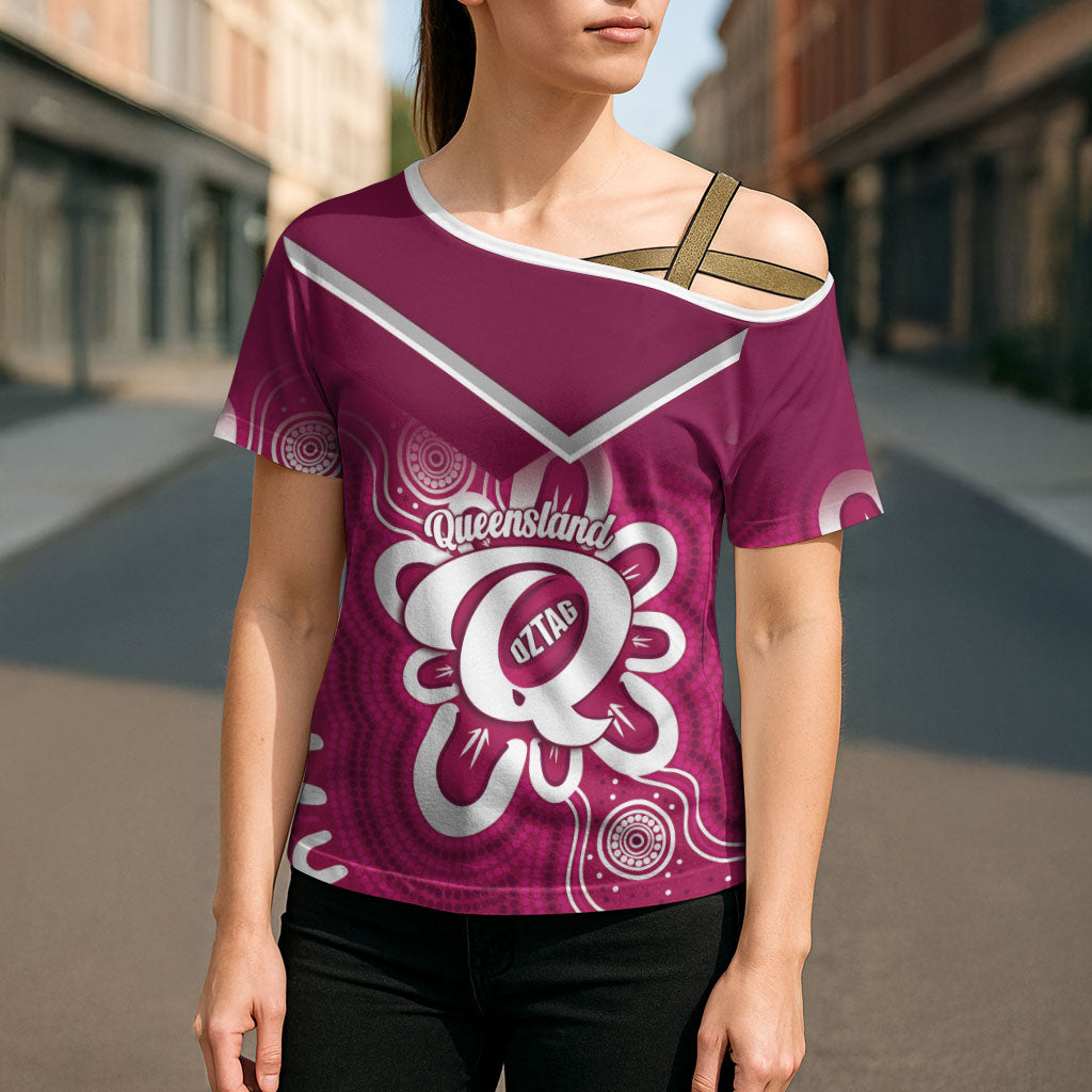Queensland Oztag Custom Cross Shoulder Shirt QLD Indigenous Art