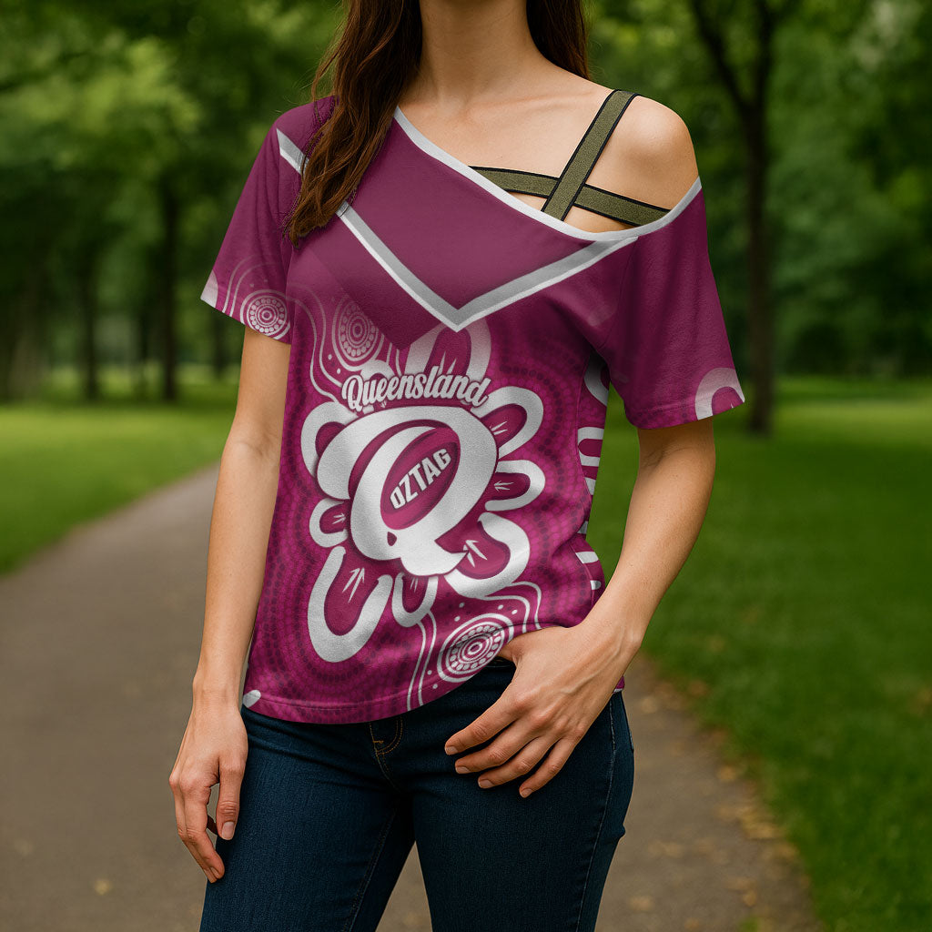 Queensland Oztag Custom Cross Shoulder Shirt QLD Indigenous Art