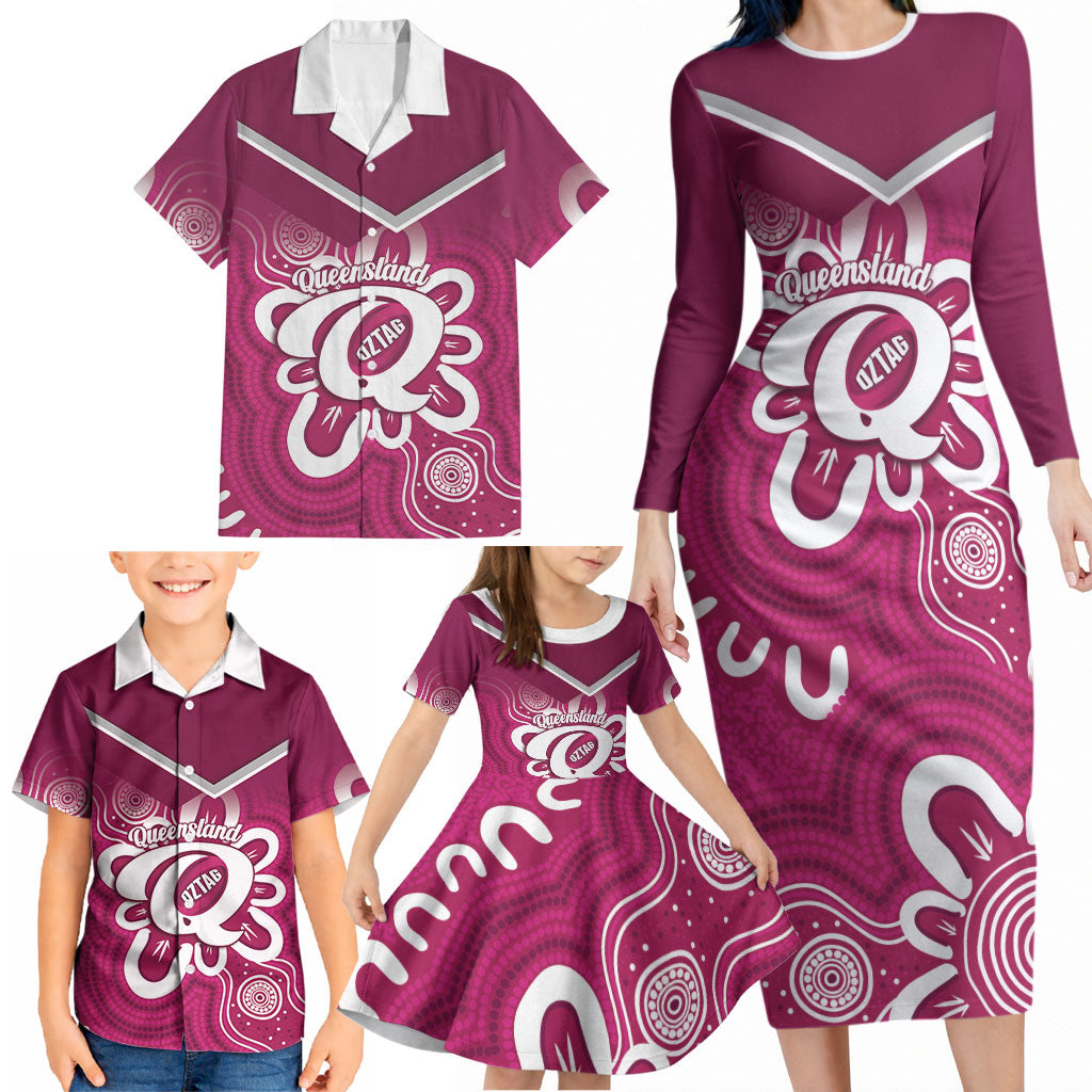 Queensland Oztag Custom Family Matching Long Sleeve Bodycon Dress and Hawaiian Shirt QLD Indigenous Art