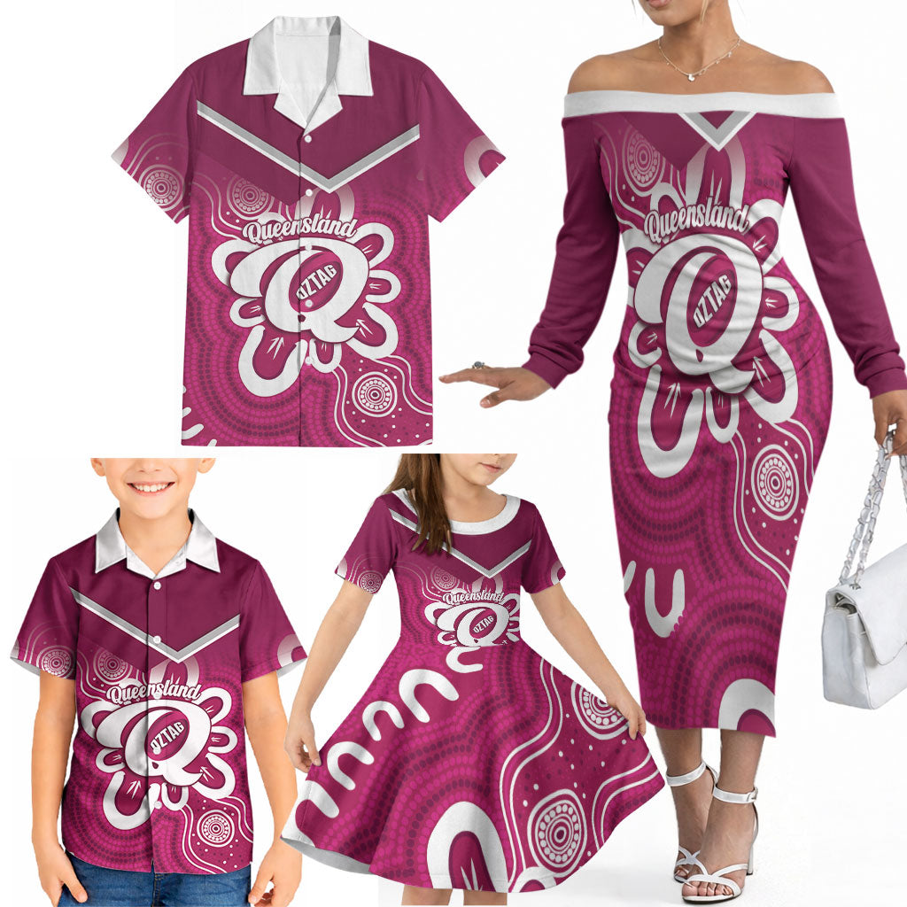 Queensland Oztag Custom Family Matching Off The Shoulder Long Sleeve Dress and Hawaiian Shirt QLD Indigenous Art