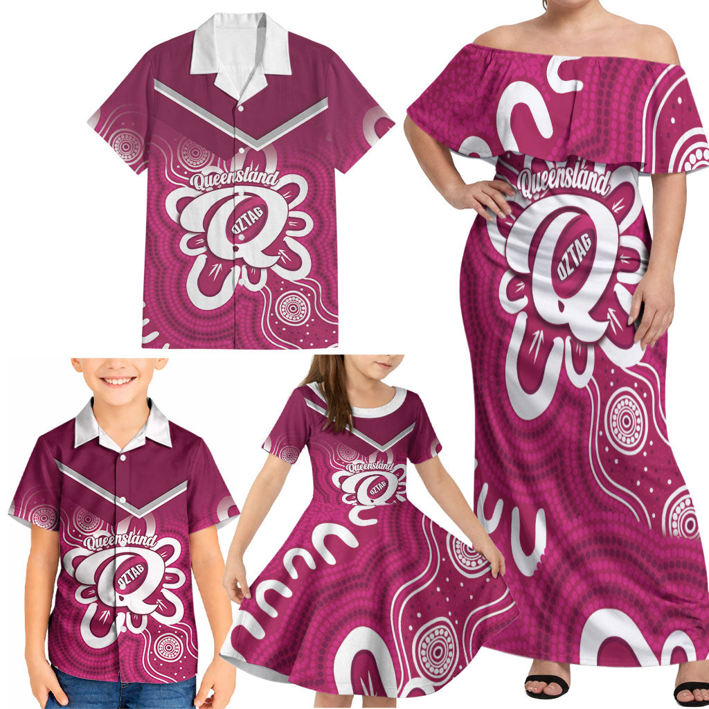 Queensland Oztag Custom Family Matching Off Shoulder Maxi Dress and Hawaiian Shirt QLD Indigenous Art