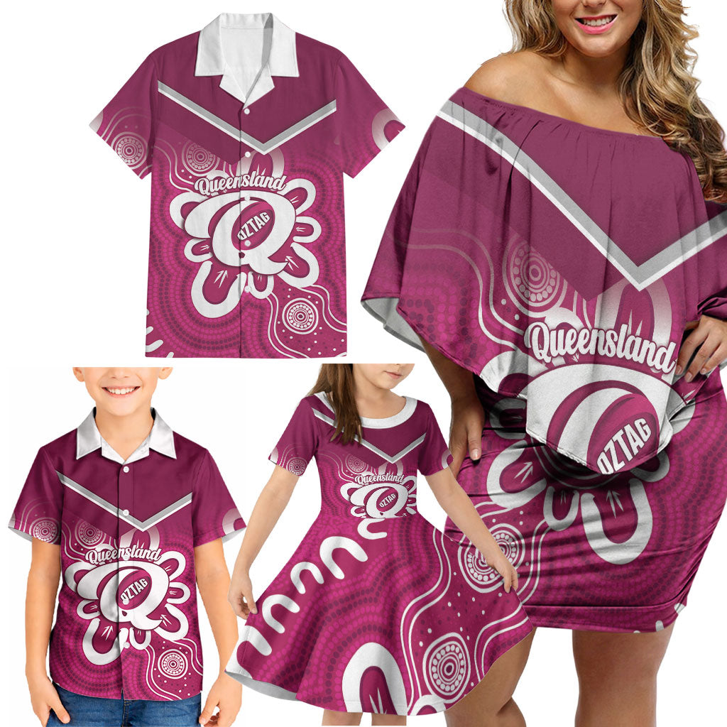 Queensland Oztag Custom Family Matching Off Shoulder Short Dress and Hawaiian Shirt QLD Indigenous Art