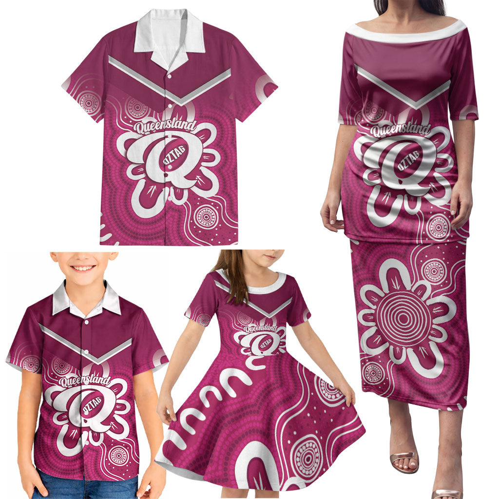 Queensland Oztag Custom Family Matching Puletasi and Hawaiian Shirt QLD Indigenous Art