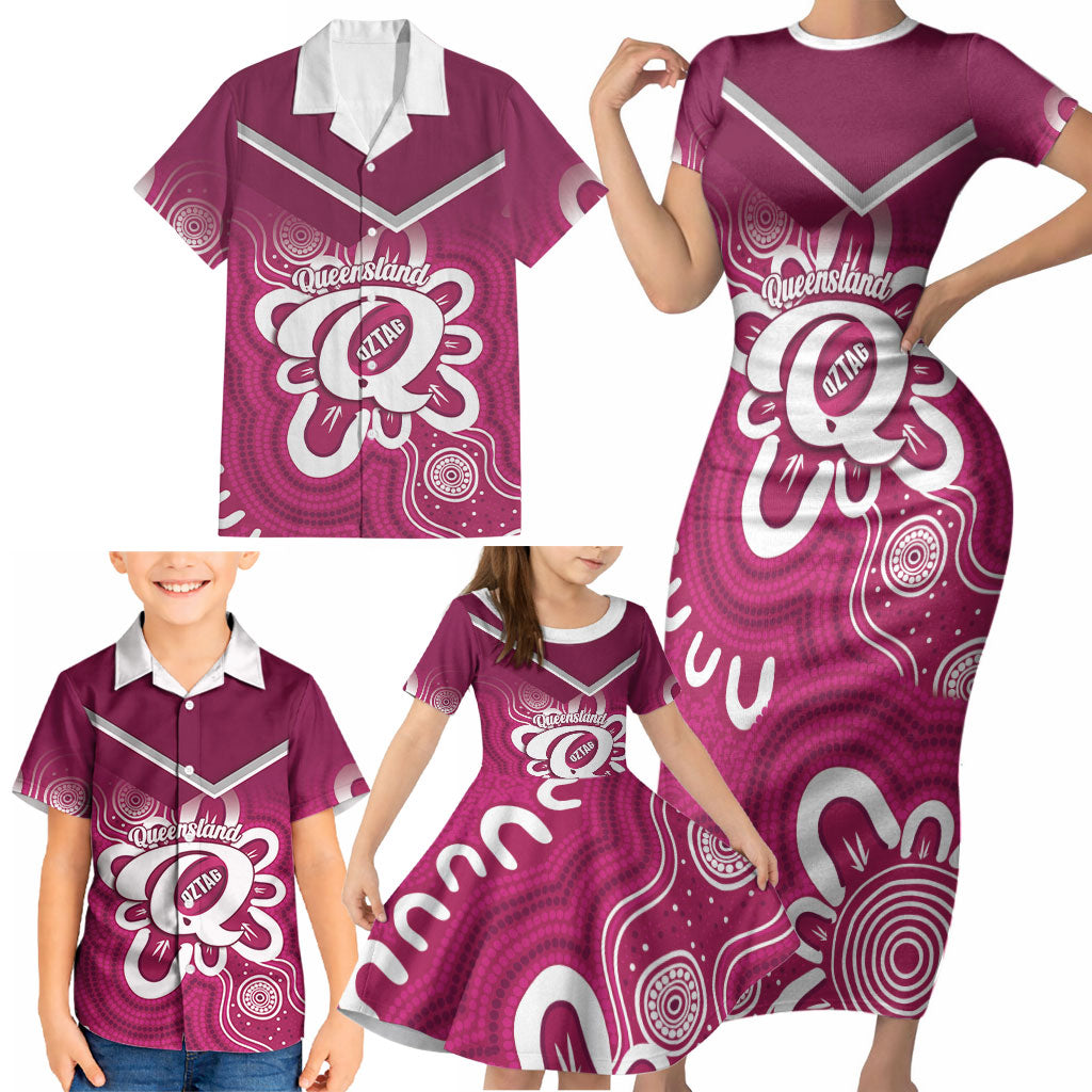 Queensland Oztag Custom Family Matching Short Sleeve Bodycon Dress and Hawaiian Shirt QLD Indigenous Art